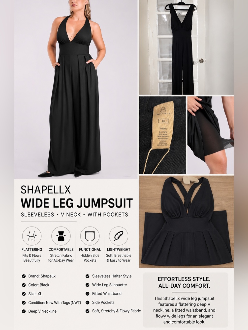 NEW Shapellx Black Wide Leg Jumpsuit Sleeveless V Neck with Pockets NWT size XL